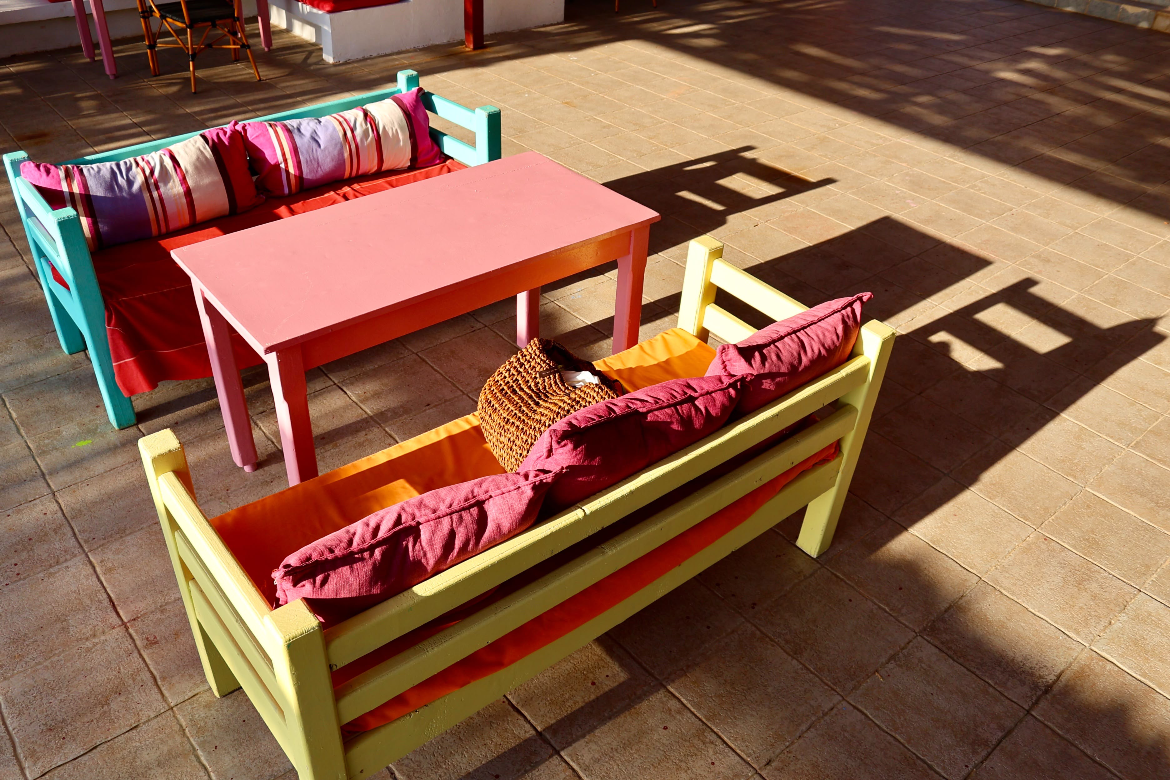 Colourful outdoor furniture on the Side B restaurant terrace